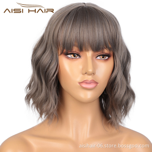 Aisi Hair Short Wavy Short Bob Gray Wig With Neat Bangs Body Wave Wig Heat Resistant Synthetic Fiber Wigs For Black White Women